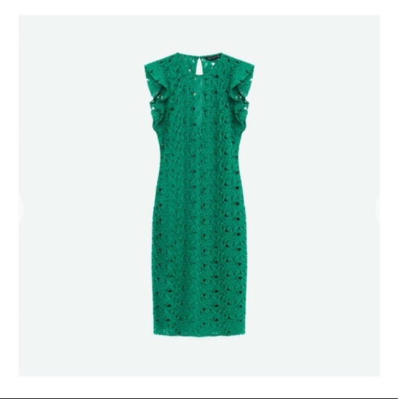 Zara Dresses & Skirts - Zara Green Lace Dress With Raw Shoulder Frills Zara Dresses & Skirts - Zara Green Lace Dress With Raw Shoulder Frills